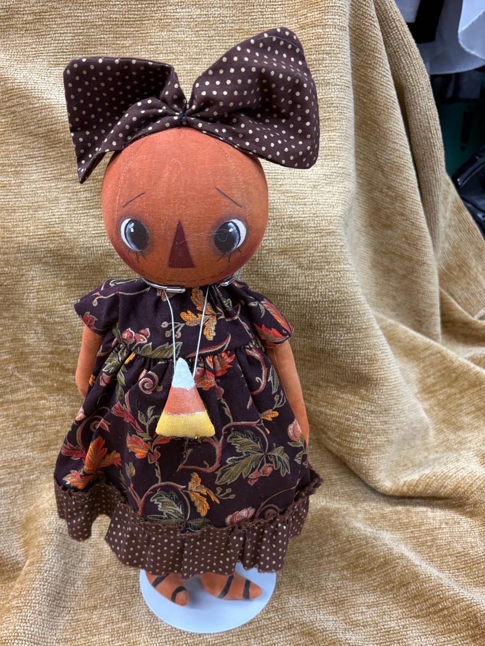 Handmade tea stained rag doll with autumn theme dress & pantaloons & candy corn